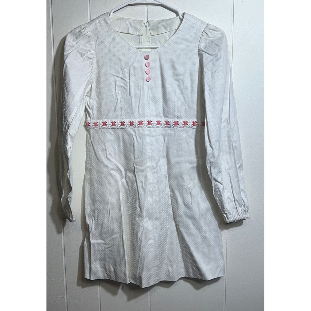 Vintage White Swiss Dot Mini Dress Pink Lace Trim Long Puff Sleeve Mod 60s 70s